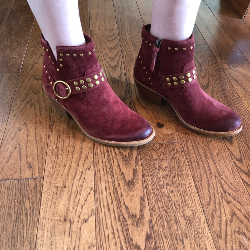 Burgundy Suede Studded Ankle Booties with Buckle Detail